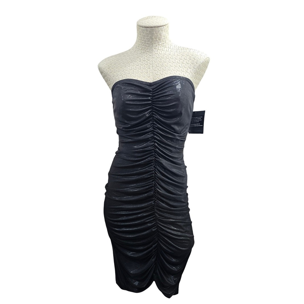 Norma Kamali STRAPLESS SHIRRED FRONT‎ DRESS TO KNEE Wet Bodycon Sexy LBD M NEW